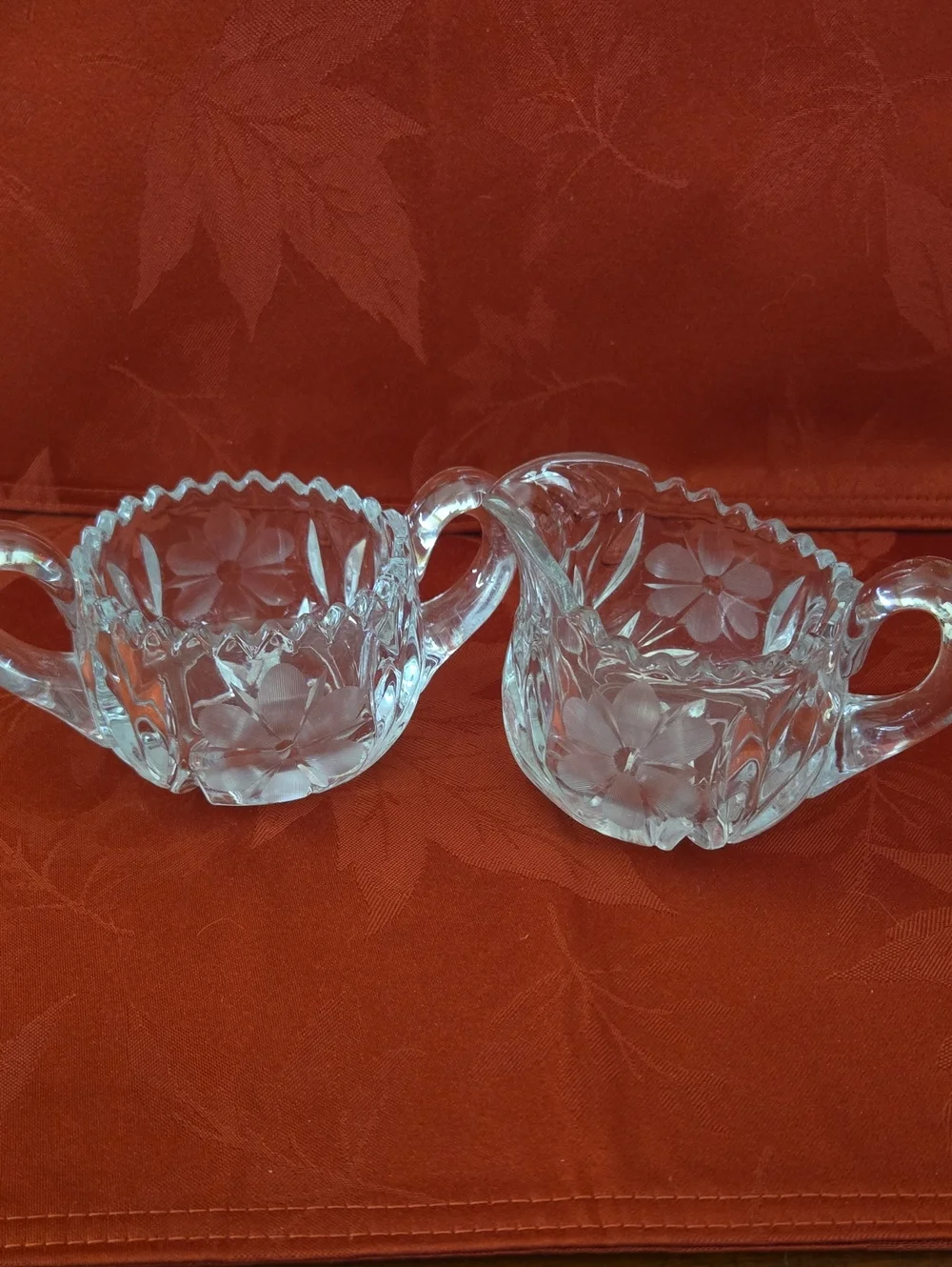 EAPG Etched Glass Creamer and Sugar Set With Sawtooth Edge And Daisy Pattern